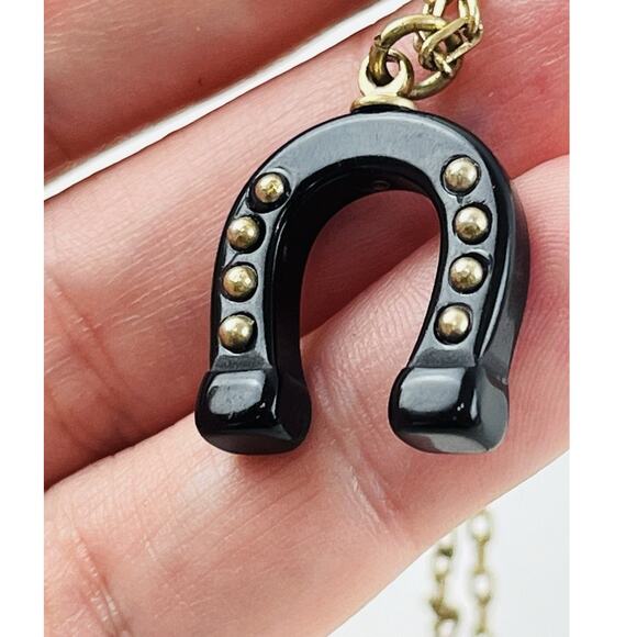 J. Crew Designer Gold Tone Horseshoe Black Pendant Necklace 27” Hoof Brass Tone - Picture 3 of 16